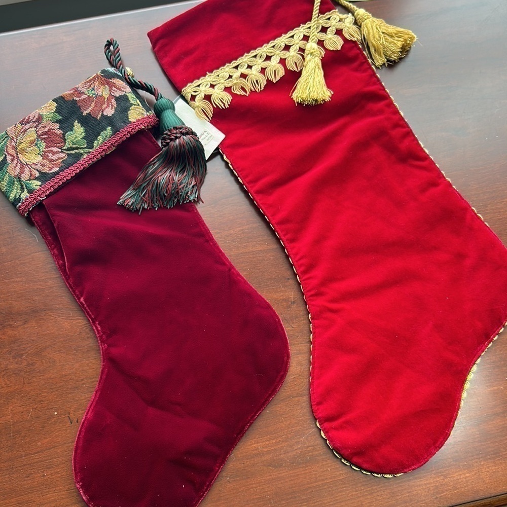 2 Victorian holiday stockings tassels extra large in size mixed media material